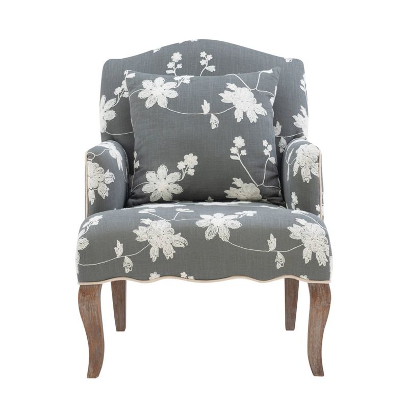 Traditional Floral Upholstered Embroidered Linen French Accent Armchair - Gray - Linon, 3 of 12