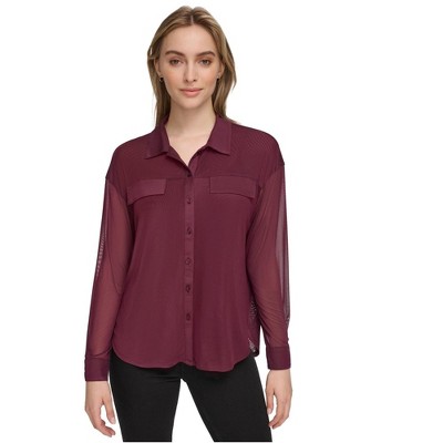 Calvin Klein Womens Mesh Button Up Shirt, Purple, Large