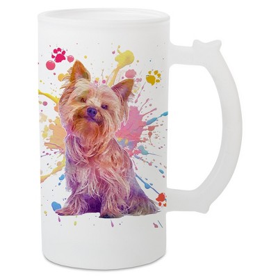 100 North Freezable Beer Stein Mug With Thumb Grip Handle, 16 Ounce Frosted Glass, Yorkshire Terrier Paint Splatter