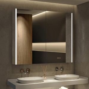 HBEZON LED Medicine Cabinet with Mirrors and Lights, Recess/Wall Mount Bathroom Cabinet, 3 Mode Light, Dimmable, Anti-Fog, Outlet, Silver - 1 of 4