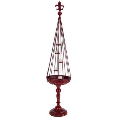 Melrose 37" French Inspired Fleur-de-Lis Finial Red Cage Antique Tea Light Candle Holder