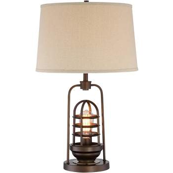 Franklin Iron Works Hobie Industrial Table Lamp 27 1/2" Tall Rust Bronze Cage with Nightlight LED Edison Bulb Drum Shade for Bedroom Living Room Kids
