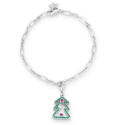 ShineHigh Christmas Tree Holiday Charm Bracelet, 7.5-Inch Rhodium-Plated Link Style with Multicolor CZ Accents and Pave Setting, Lobster Clasp Closure