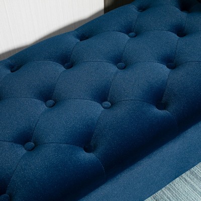 Elegant Blue Velvet Button-Tufted Ottoman Bench with Storage and Rolled Armrests