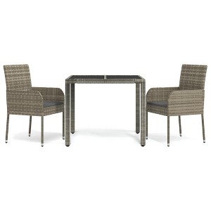 vidaXL 3 Piece Patio Dining Set - Contemporary Gray Poly Rattan with Cushions - Outdoor Durable Steel Frame - Modular Garden Dining Furniture - 1 of 4