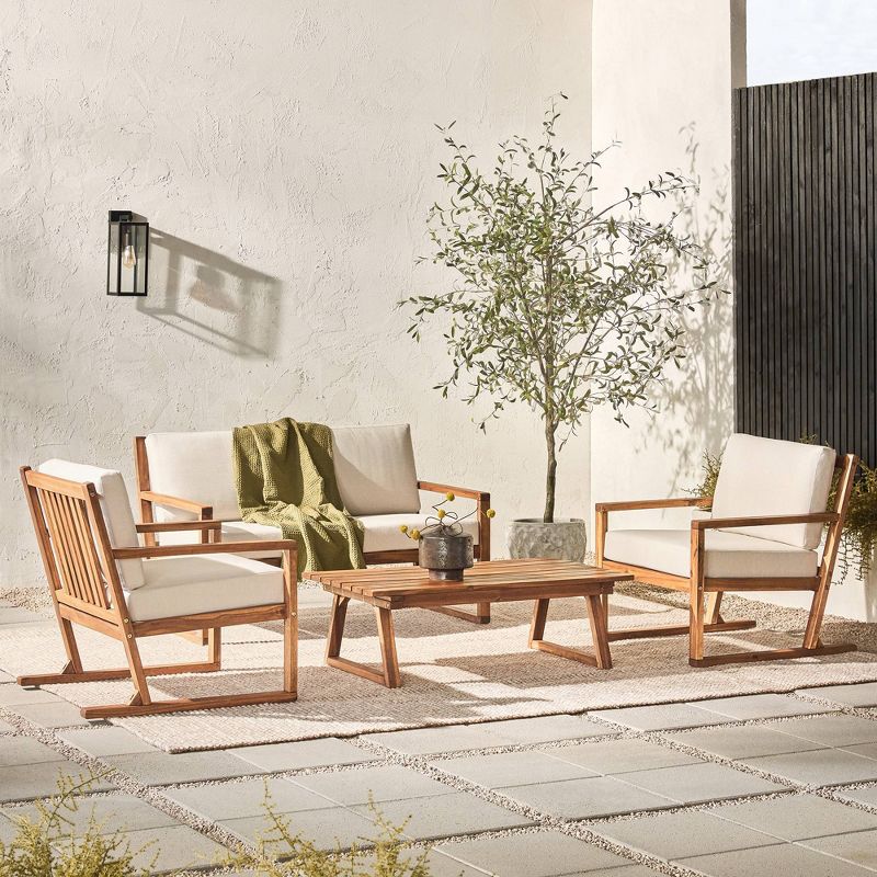 Saracina Home 4pc Modern Slat-Back Acacia Outdoor Conversation Set with Cushions 
, 3 of 10