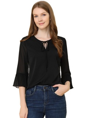 Allegra K Women's Bow Tie Neck Blouse Sheer 3/4 Sleeve Chiffon