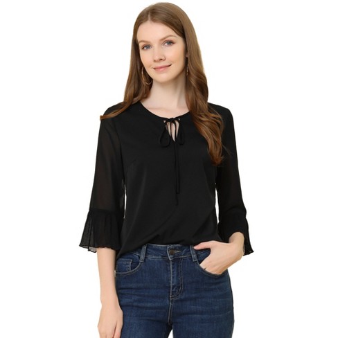 Allegra K Women's Bow Tie Neck Blouse Sheer 3/4 Sleeve Chiffon Tops Black  X-small : Target