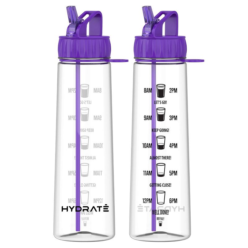 HYDRATE 900ml Water Bottle with Straw and Motivational Time Markings, Purple, 1 of 4