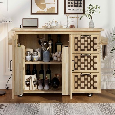 MAYEERTY Nature 53.2"W Kitchen Island 3D Woven Checkerboard Design, Drop Leaf Rolling Cart Power Outlet 3 Drawers 2 Cabinets