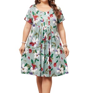 Agnes Orinda Women's Plus Size Floral Inverted Box Pleat Boho T-Shirt Dresses - 1 of 4