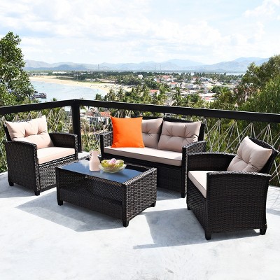 3PC Patio Rattan Furniture Set Coffee Table Conversation Sofa Cushioned sillas  jardin exterior y terraza - AliExpress