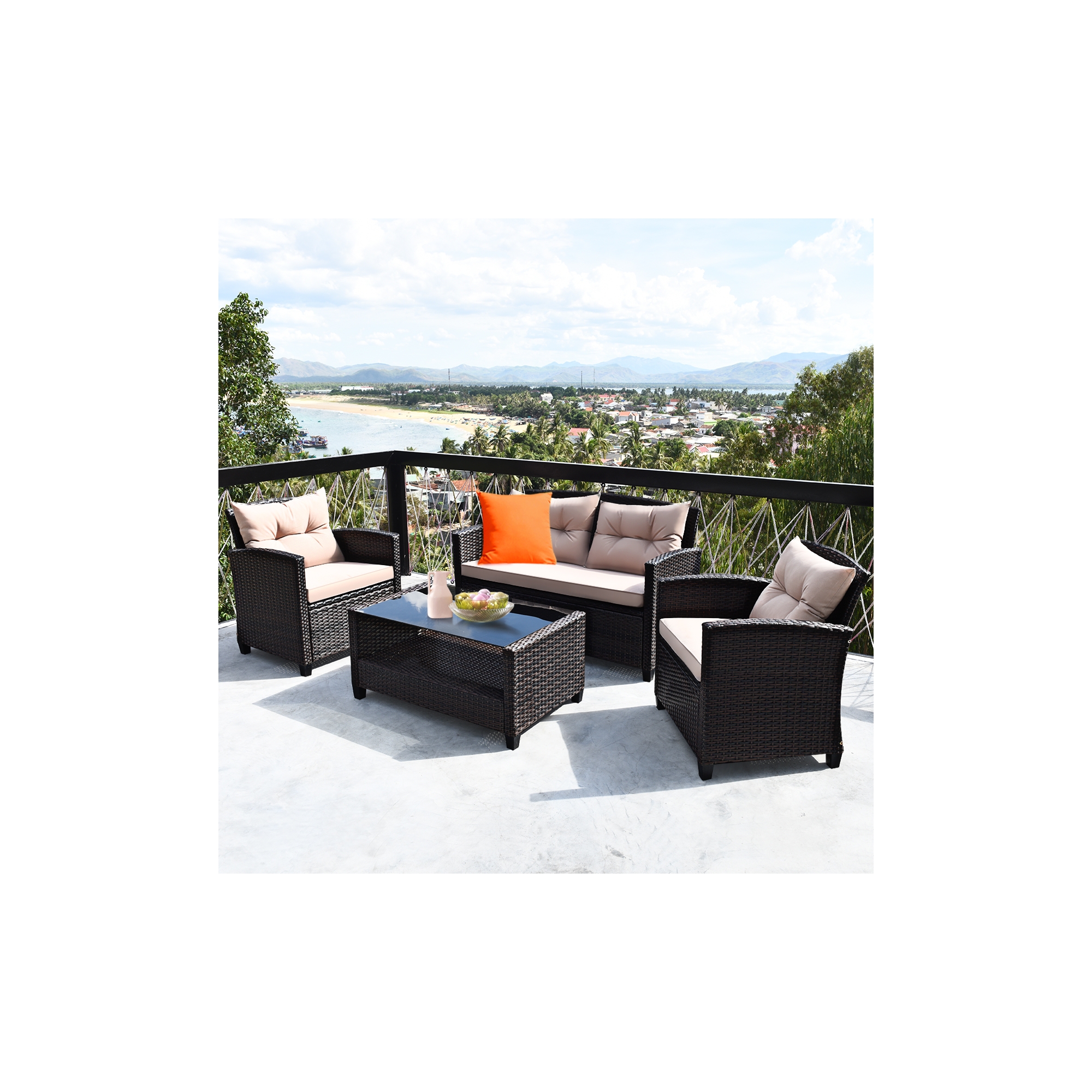 Costway 4PCS Outdoor Rattan Furniture Set Cushioned Sofa Armrest Table