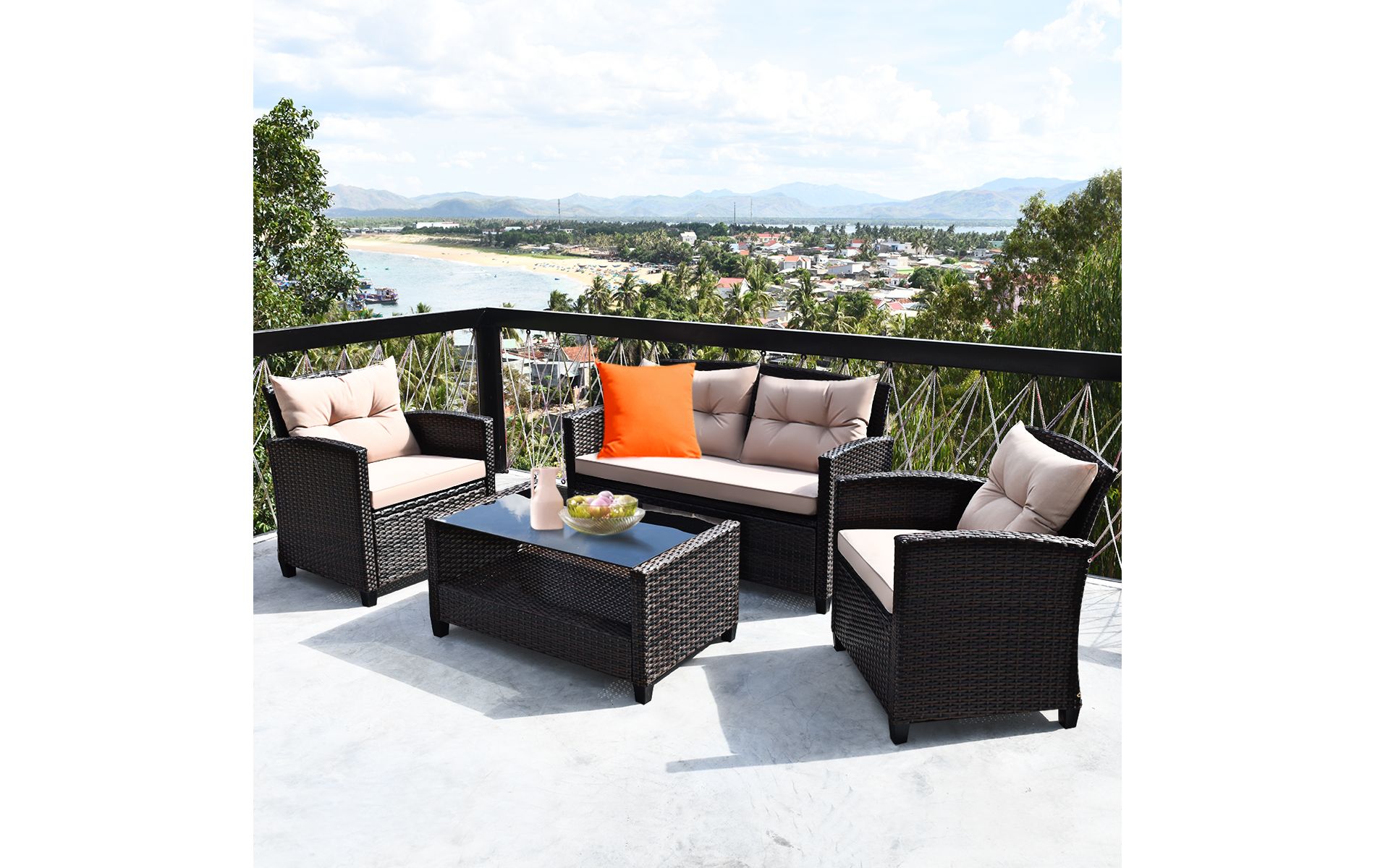 Costway 4PCS Outdoor Rattan Furniture Set Cushioned Sofa Armrest Table
