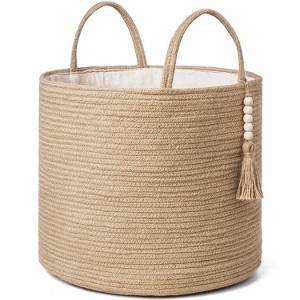 Aoibox Woven Storage Basket Decorative Jute Rope Bin with Wooden Beads Handles for Blankets Toys Plants 16 x 13.8 Inch - 1 of 4