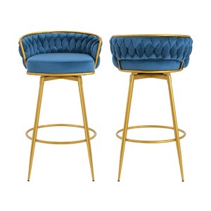 TiramisuBest Set of 2,31" Swivel Bar Stools, Hand-Woven Backrest with Gold Metal Legs, Upholstered Counter Chairs with Footrest for Kitchen(Blue) - 1 of 4