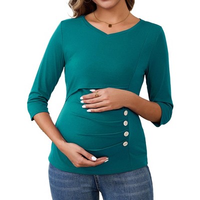 INSPIRE CHIC Women's Nursing Blouse V Neck 3/4 Sleeves Ribbed Knitted Ruched Maternity Tops