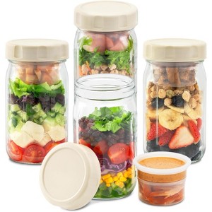 BRINJOY 4 Pack Glass Salad Jars with Lids Meal Prep, Leakproof Container, Two Small Built-in Boxes with Wet/Dry Separation, 32oz Mason Jars - 1 of 4