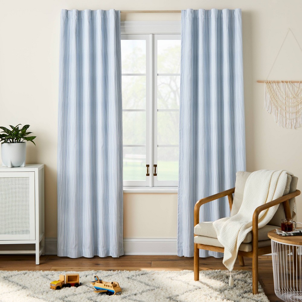 Photos - Curtains & Drapes 84" Blackout Irregular Mini Striped Kids' Panel Blue - Pillowfort™