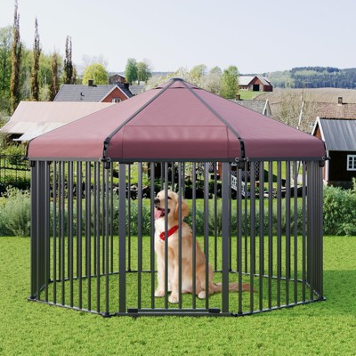 Outdoor Pet Cage Dog Kennel with Metal Gate and Roof, Heavy Duty Hexagonal Dog Kennel (4.9x4.9x3.6FT)