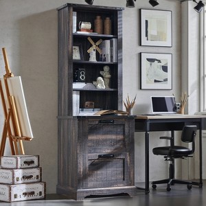 Farmhouse Bookcase with 2 Large File Drawers, 72" Tall Bookcase with Storage,  4 Tier Rustic Wood Bookshelf for Home, Living Room - 1 of 4