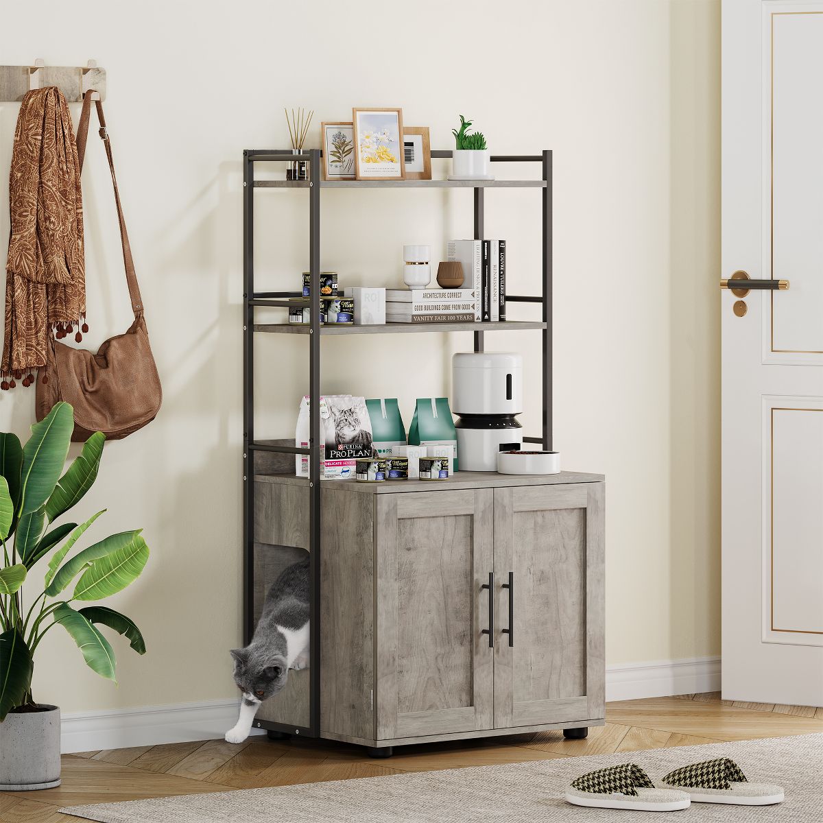 Cat Litter Box Enclosure with Storage Shelves, 2-in-1 Hidden Furniture Cabinet for Indoor Cat House with Door, Grey
