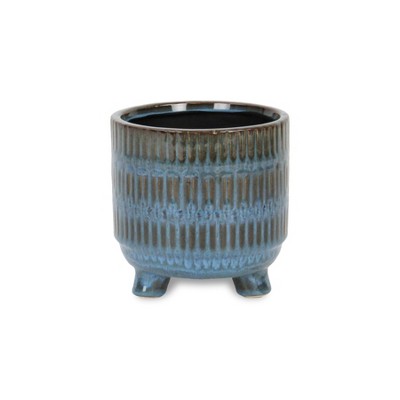 Cheung's Victrola Raised Round Tri-Band Lined Pattern Ceramic Pot- Small - Blue