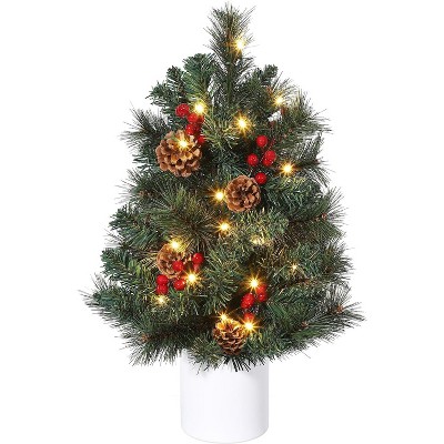 2 ft Pre-Lit Tabletop Christmas Tree, 30 Warm Lights, Red Berries & Pine Cones, Battery Powered, No Assembly, Mini Xmas Decor for Small Spaces
