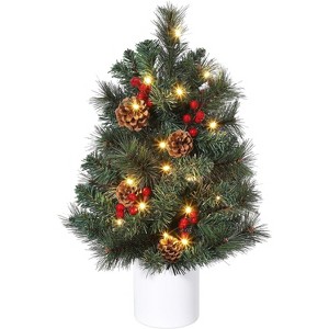 2 ft Pre-Lit Tabletop Christmas Tree, 30 Warm Lights, Red Berries & Pine Cones, Battery Powered, No Assembly, Mini Xmas Decor for Small Spaces - 1 of 4