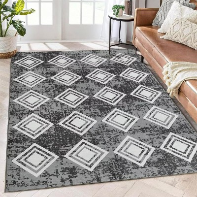 Acekool Washable Geometric Area Rug, Soft Low Pile, Foldable, Non Slip, Entryway Bedroom Living Room, Black Gray Blue Brown Multiple Sizes