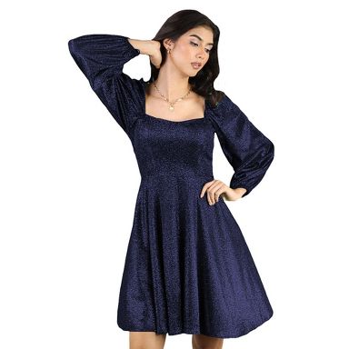 Artyska Womens Glitter Puff Sleeves Square Neck Short Party Dress Navy Blue L