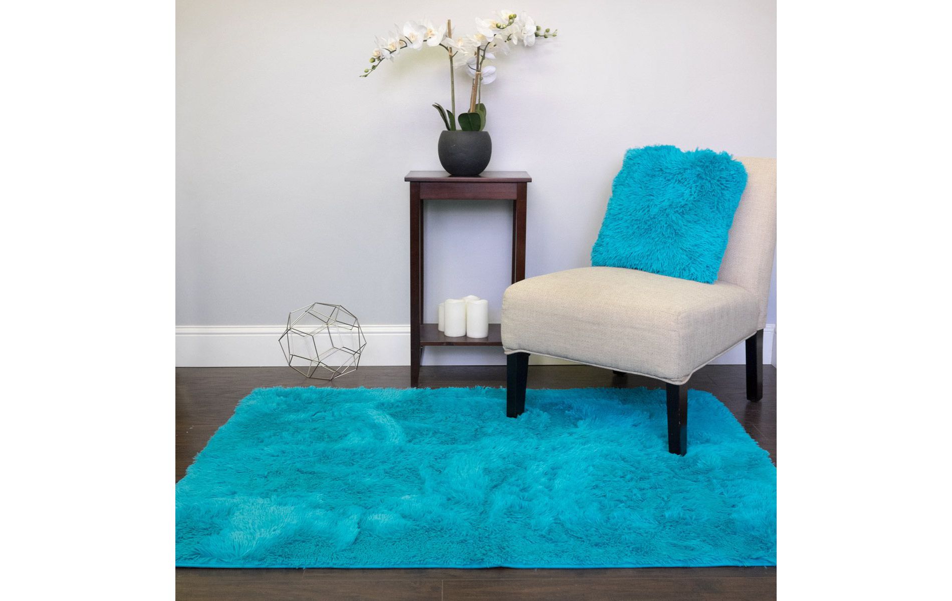 Turquoise Plush Faux Fur Shag Solid Rectangle Floor Area Rug 4'x5'