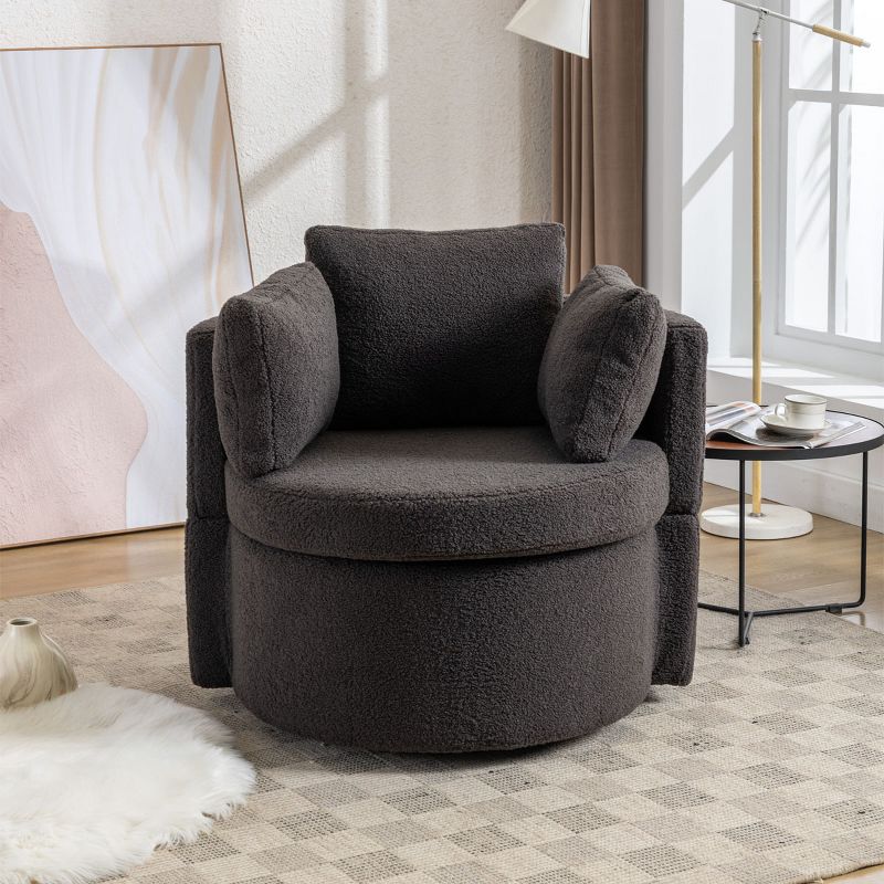 April 33.9" Seat Wide Teddy Upholstered Round Swivel Backrest Chair, Swivel Chairs with Storage Including 3 Pillows-Maison Boucle, 1 of 12