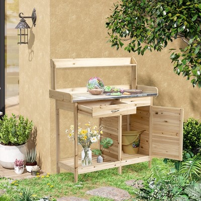 Natural Wood Potting Bench with Steel Tabletop and Storage Cabinet