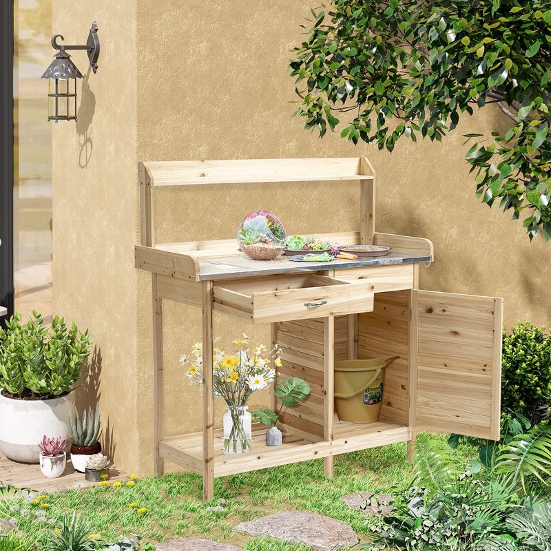 Outsunny Garden Potting Bench Table with Lockable Storage Cabinet and Open Shelf, Outdoor Planting Workstation with Steel Tabletop, 2 of 7