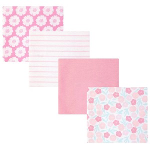 Hudson Baby Infant Girls Cotton Flannel Receiving Blankets 4-Pack, Pink Daisies, One Size - 1 of 4