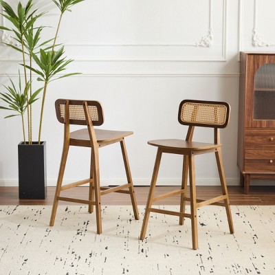 Set of 4 Rubberwood Bar Stools with Curved Wood Seat and Rattan Backrest,Wood Bar Chairs for Home Bar or Breakfast Counter-Baofuwish
