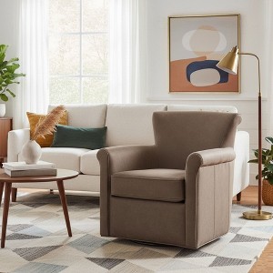 Sapphtopaz Modern Swivel Accent Chair with Rolled Back & Arm PU Upholstered Barrel Chairs with 360° Metal Swivel Base for Living Room, Bedroom - 1 of 4