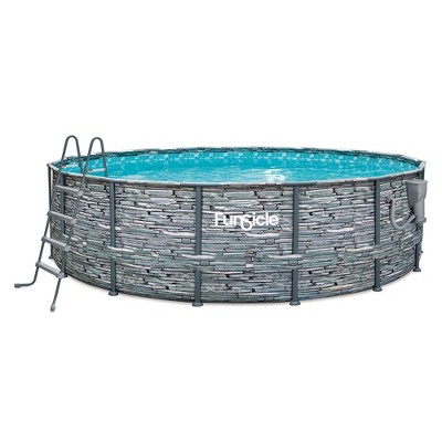 Funsicle 16 Foot x 48 Inch Oasis Designer Round Frame Above Ground Swimming Pool Set with SkimmerPlus Filter Pump and Cover, Stone Slate Pattern