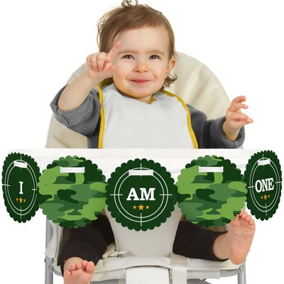 Big Dot of Happiness Camo Hero 1st Birthday Highchair Decor - I Am One - First Birthday High Chair Banner