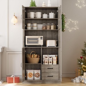 Modern Pantry Cabinet with Microwave Stand, Kitchen Hutch with Drawers & Adjustable Shelves, Wood Storage Cabinet for Dining Room Living Room, Grey - 1 of 4