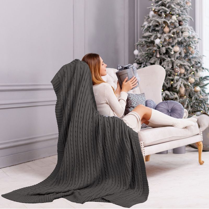 PiccoCasa Cotton Cable Soft Couch Decorative Knitted Throw Blanket 1 Pc, 3 of 7