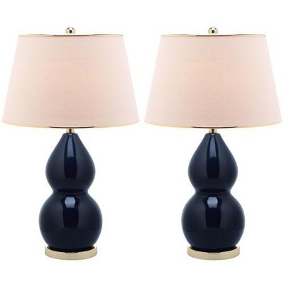 Navy Ceramic Double Gourd Table Lamp Set with Off-White Shades