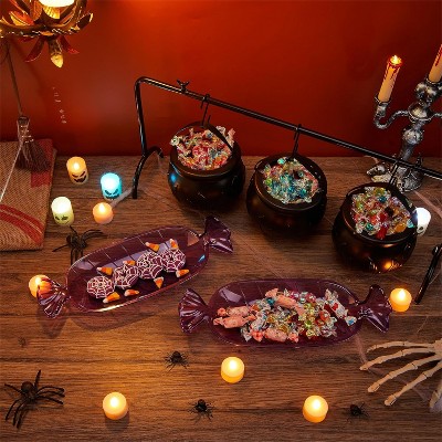 Joyfy 6 PCS Halloween Party Decor Set, 3 Witches Black Candy Bucket Cauldron Serving Bowls 2 Purple Candy Discs a Black Metal Shelf with 3 Hooks