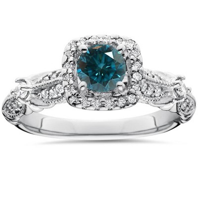 Pompeii3 1 1/2ct Blue Diamond Cushion Halo Engagement Ring 14K White Gold Lab Created