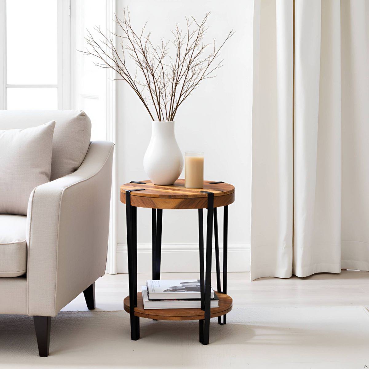 Alaterre Furniture 21" Ryegate Natural Brown Live Edge Solid Wood Round End Table Metal And Wood - thumbnail 5