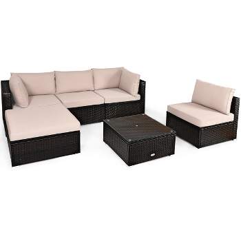 Tangkula 6PCS Patio Rattan Furniture Set Outdoor Sectional Sofa Set w/Coffee Table & Ottoman Black/Navy/Turquoise/Red/Brown