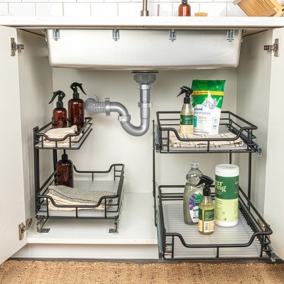 Black Dual-Slide 2-Tier Steel Storage Organizer with Plastic Liners