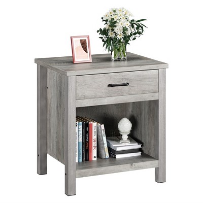 Garvee Farmhouse Gray Nightstand with Drawer and Storage Shelf for Bedroom Living Room