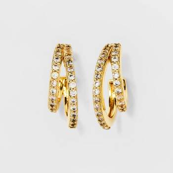 14k Gold Plated Cubic Zirconia Faux Duo Pave Hoop Earrings - A New Day™ Gold